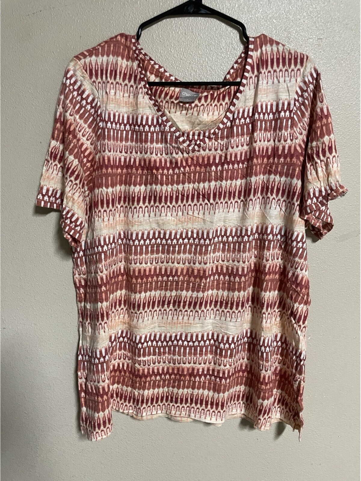 Chicos Size 3 Xl Short Sleeve T-Shirt Stripes, Geometric, Peach Orange White